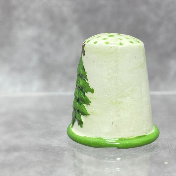 Hand-Painted Wooden Thimble With Green Christmas Tree Design & Polka Dot Top - Picture 3 of 9